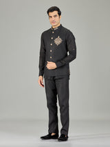 Black royal floral medallion linen waistcoat set