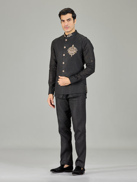 Black royal floral medallion linen waistcoat set