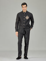 Black royal floral medallion linen waistcoat set