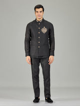 Black royal floral medallion linen waistcoat set
