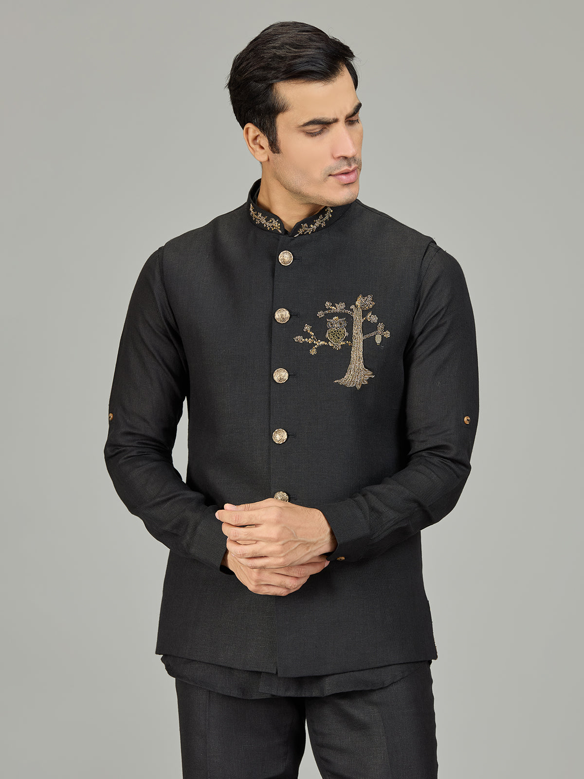 Black heritage owl motif linen nehru jacket set