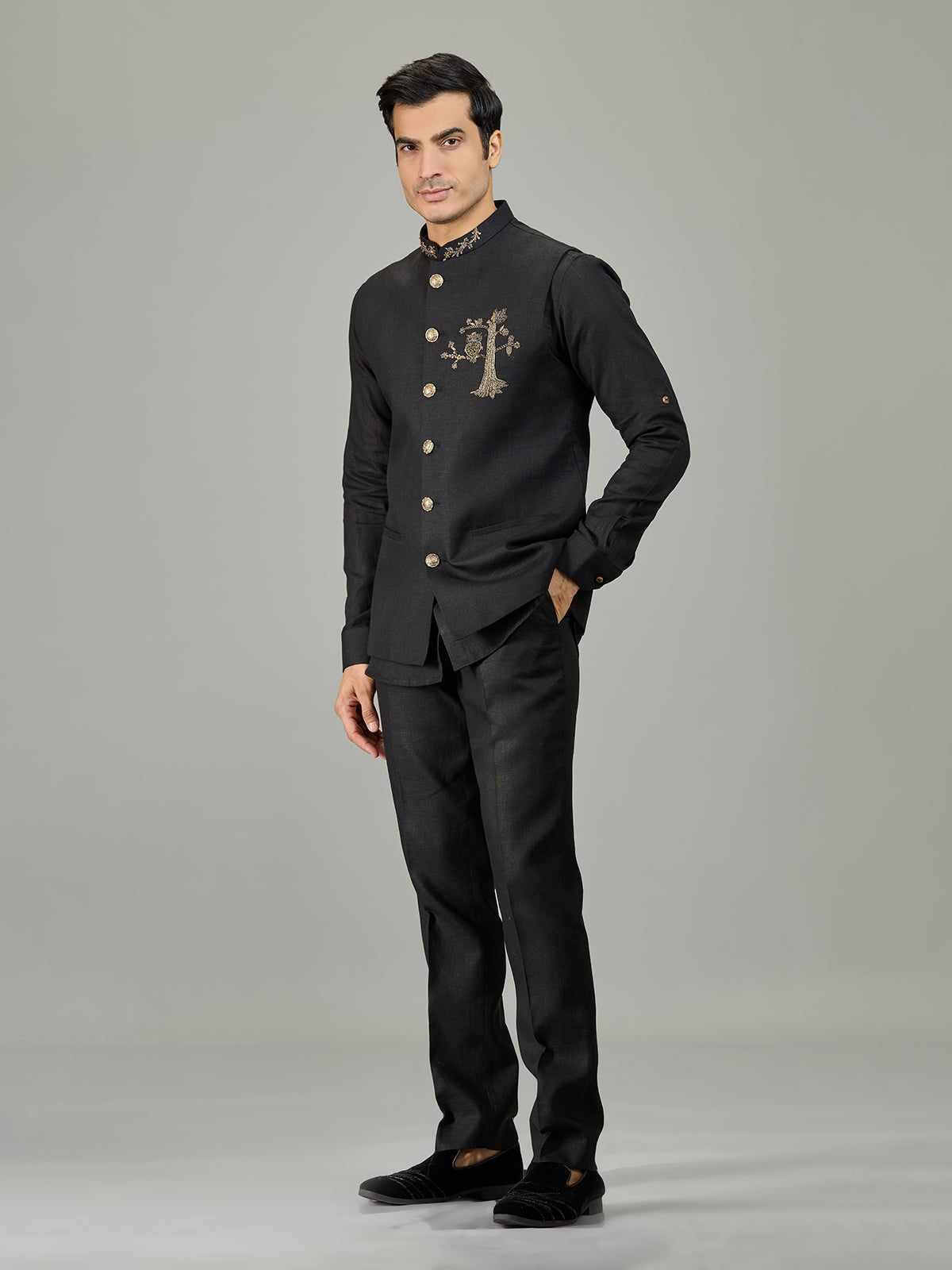 Black heritage owl motif linen nehru jacket set