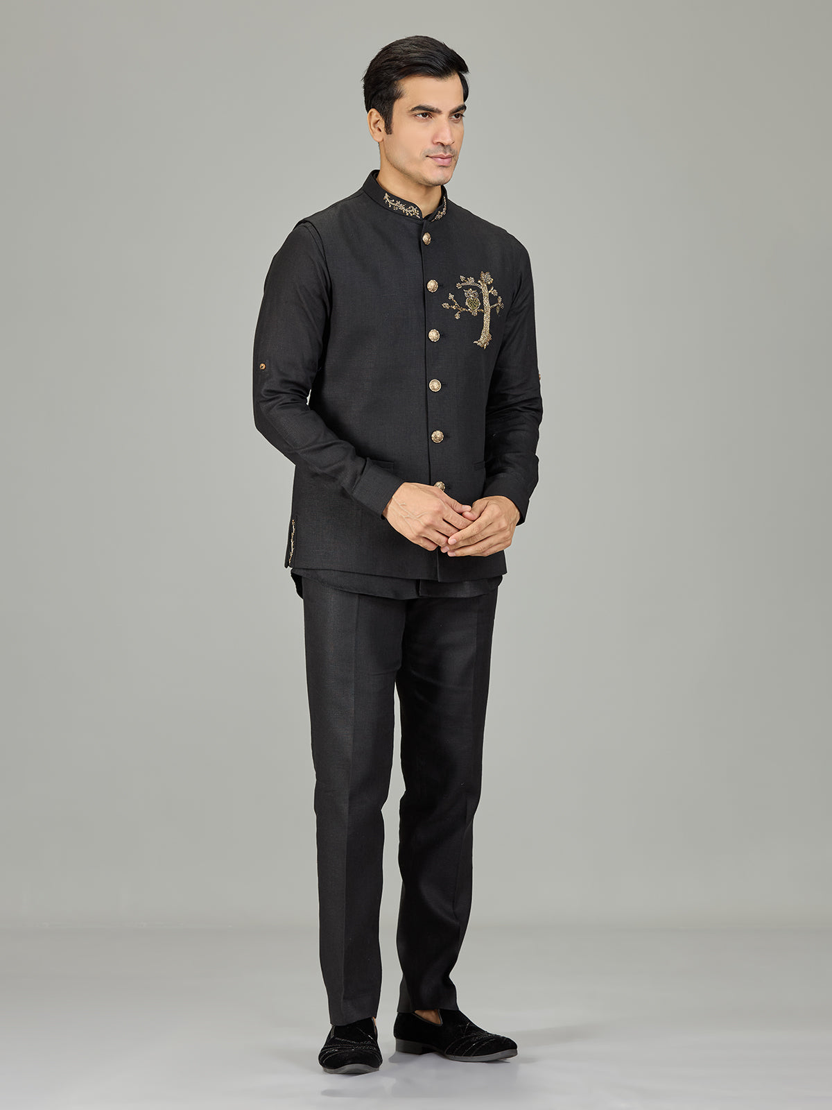 Black heritage owl motif linen nehru jacket set