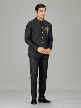 Black heritage owl motif linen nehru jacket set