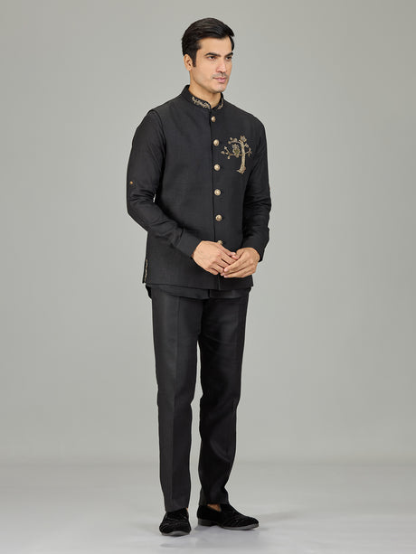 Black heritage owl motif linen nehru jacket set