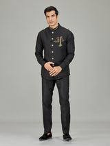 Black heritage owl motif linen nehru jacket set
