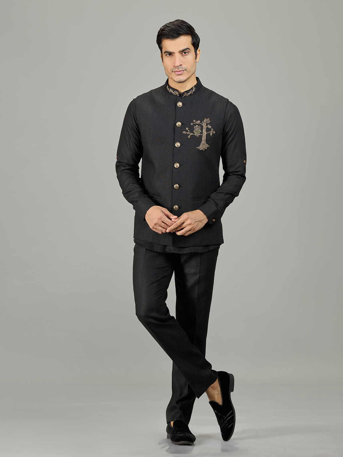 Black heritage owl motif linen nehru jacket set