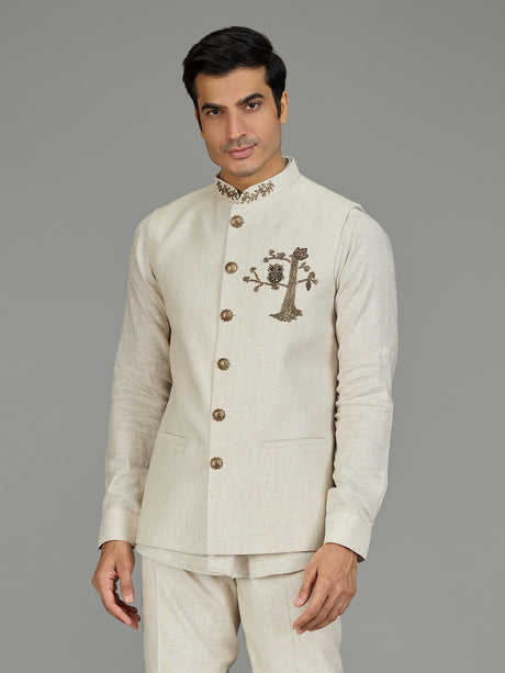 Cream owl motif zardosi linen waistcoat set