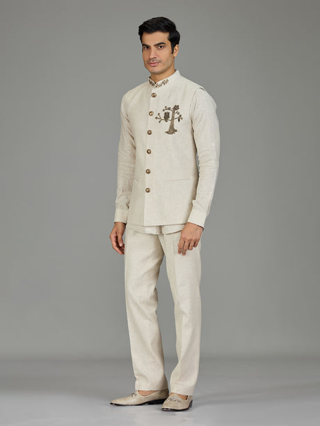 Cream owl motif zardosi linen waistcoat set