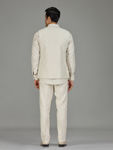 Cream owl motif zardosi linen waistcoat set