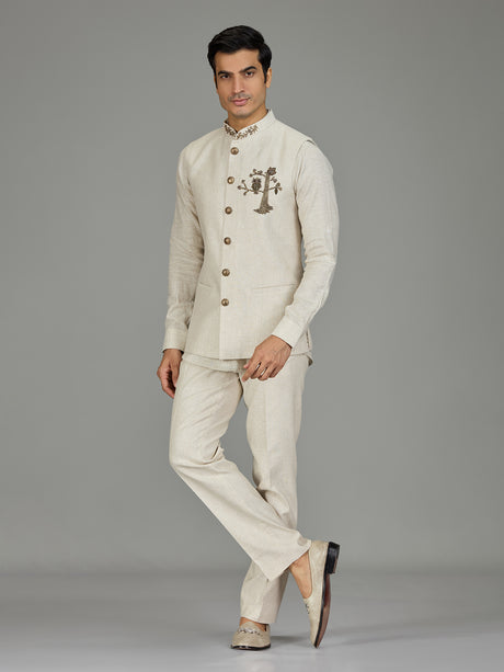 Cream owl motif zardosi linen waistcoat set