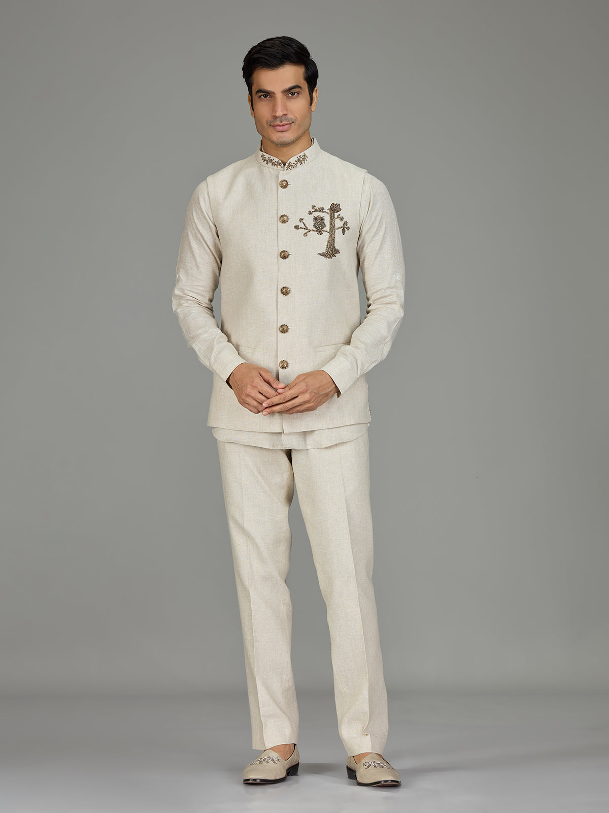 Cream owl motif zardosi linen waistcoat set