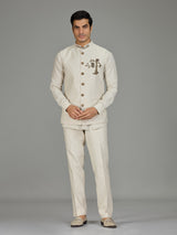 Cream owl motif zardosi linen waistcoat set