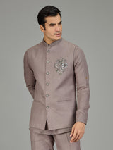 Dusty onion pink floral linen nehru jacket set