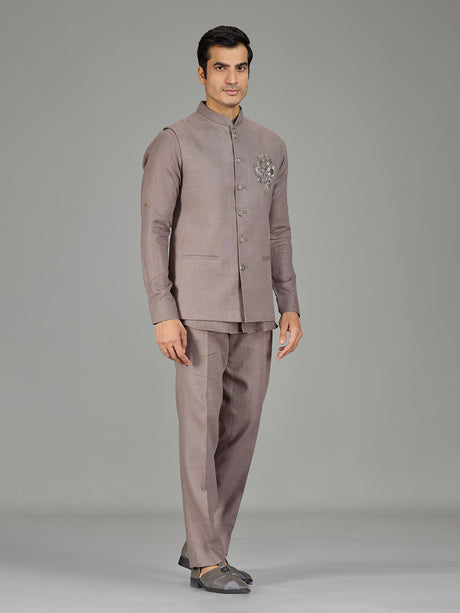Dusty onion pink floral linen nehru jacket set
