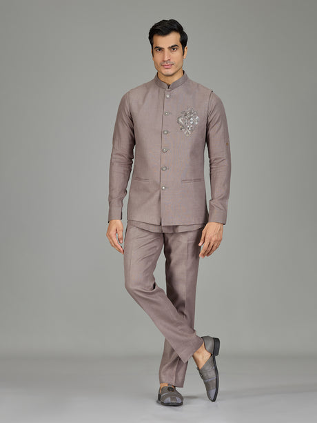 Dusty onion pink floral linen nehru jacket set
