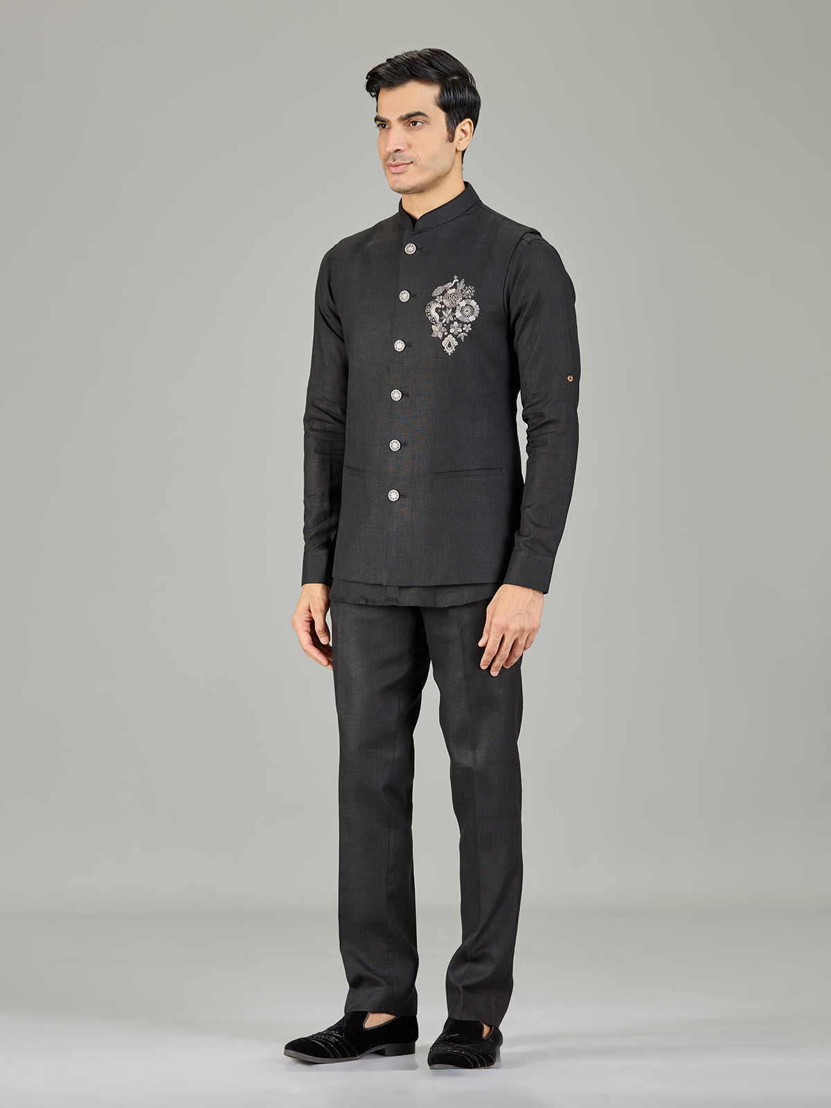 Black modern peacock embroidered linen waistcoat set