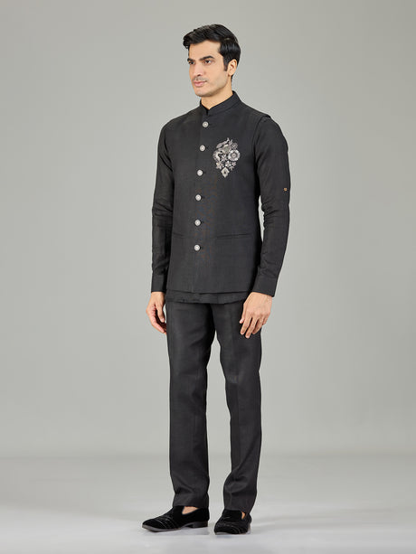 Black modern peacock embroidered linen waistcoat set