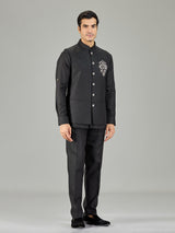 Black modern peacock embroidered linen waistcoat set