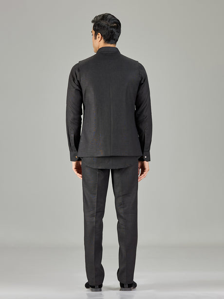Black modern peacock embroidered linen waistcoat set