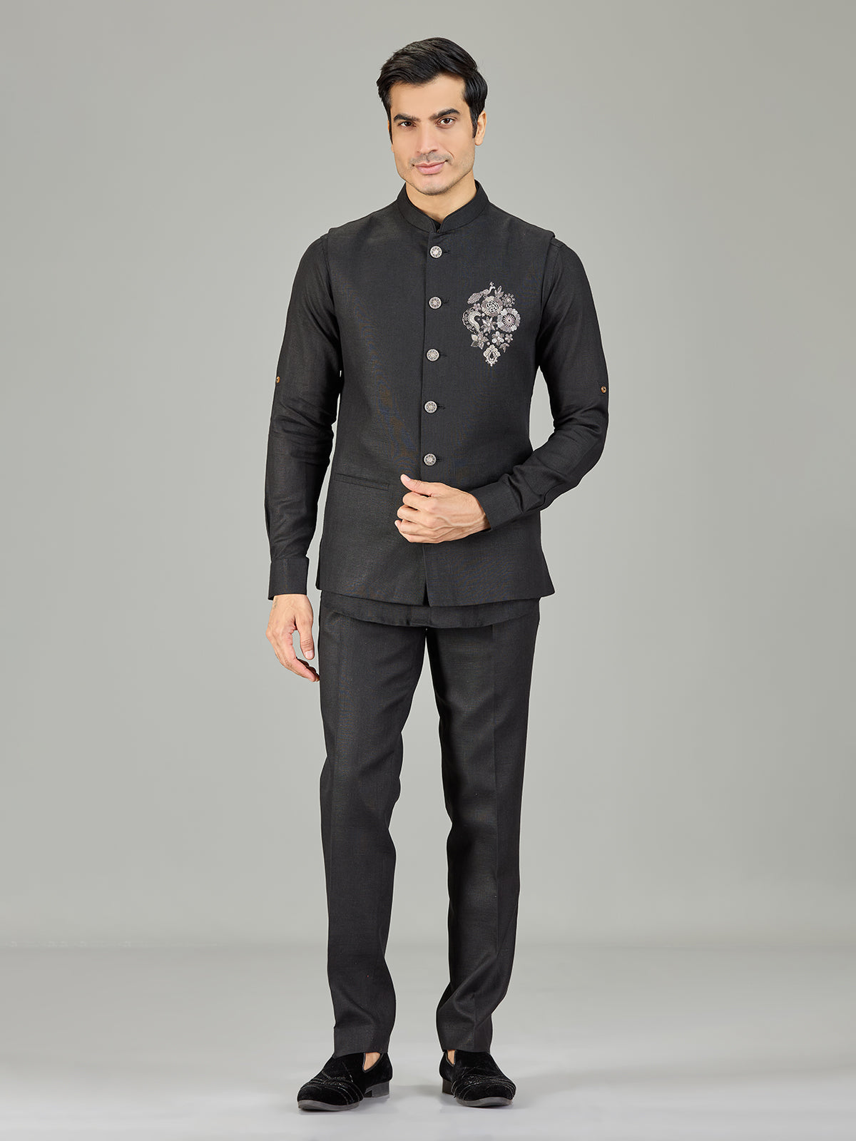Black modern peacock embroidered linen waistcoat set