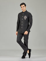 Black modern peacock embroidered linen waistcoat set