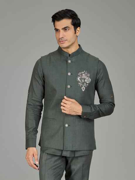 Sage green contemporary floral linen waistcoat set