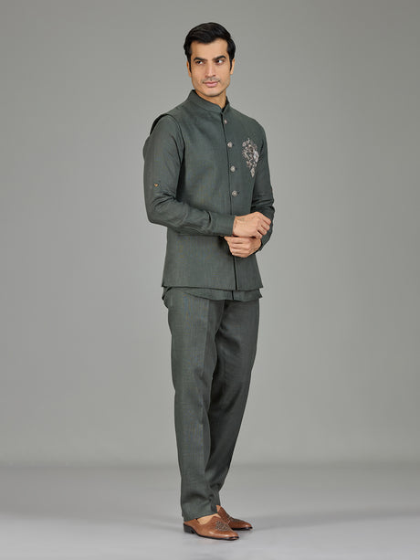 Sage green contemporary floral linen waistcoat set