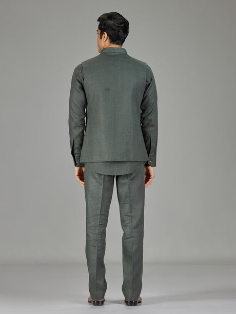 Sage green contemporary floral linen waistcoat set