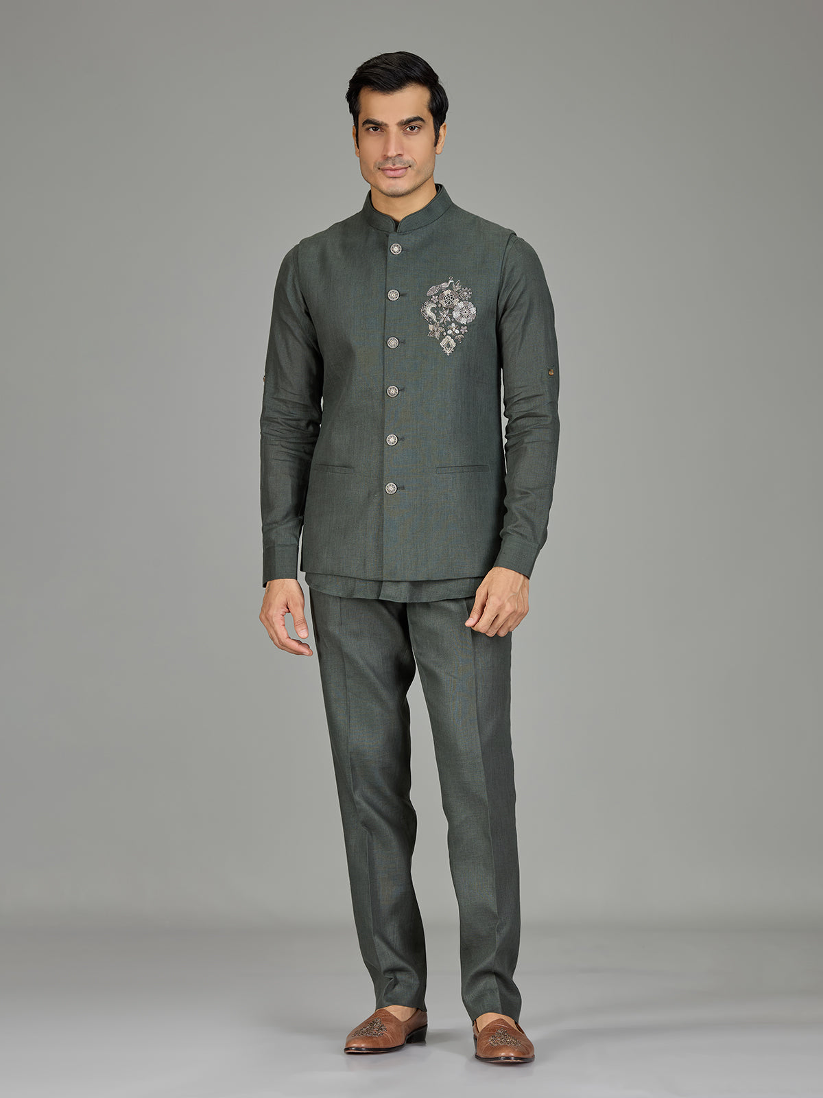 Sage green contemporary floral linen waistcoat set