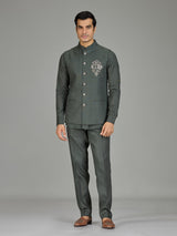 Sage green contemporary floral linen waistcoat set