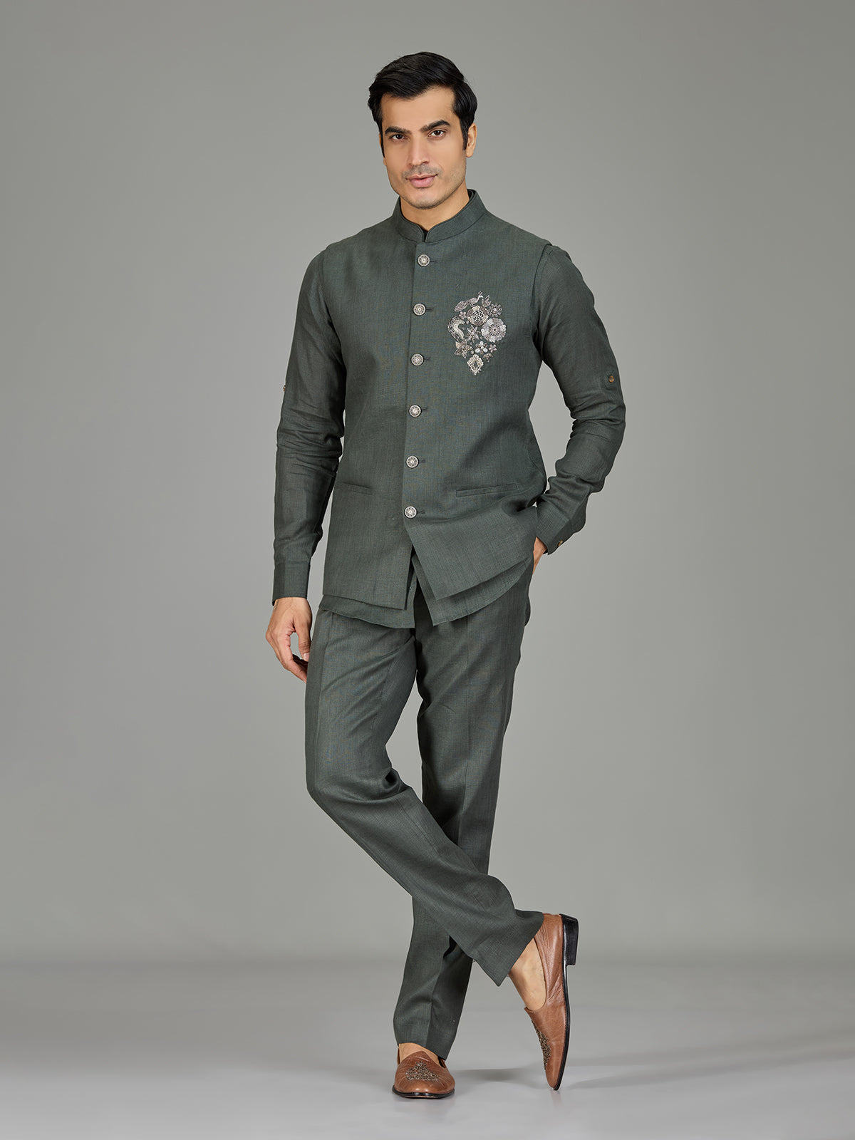 Sage green contemporary floral linen waistcoat set