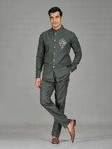 Sage green contemporary floral linen waistcoat set