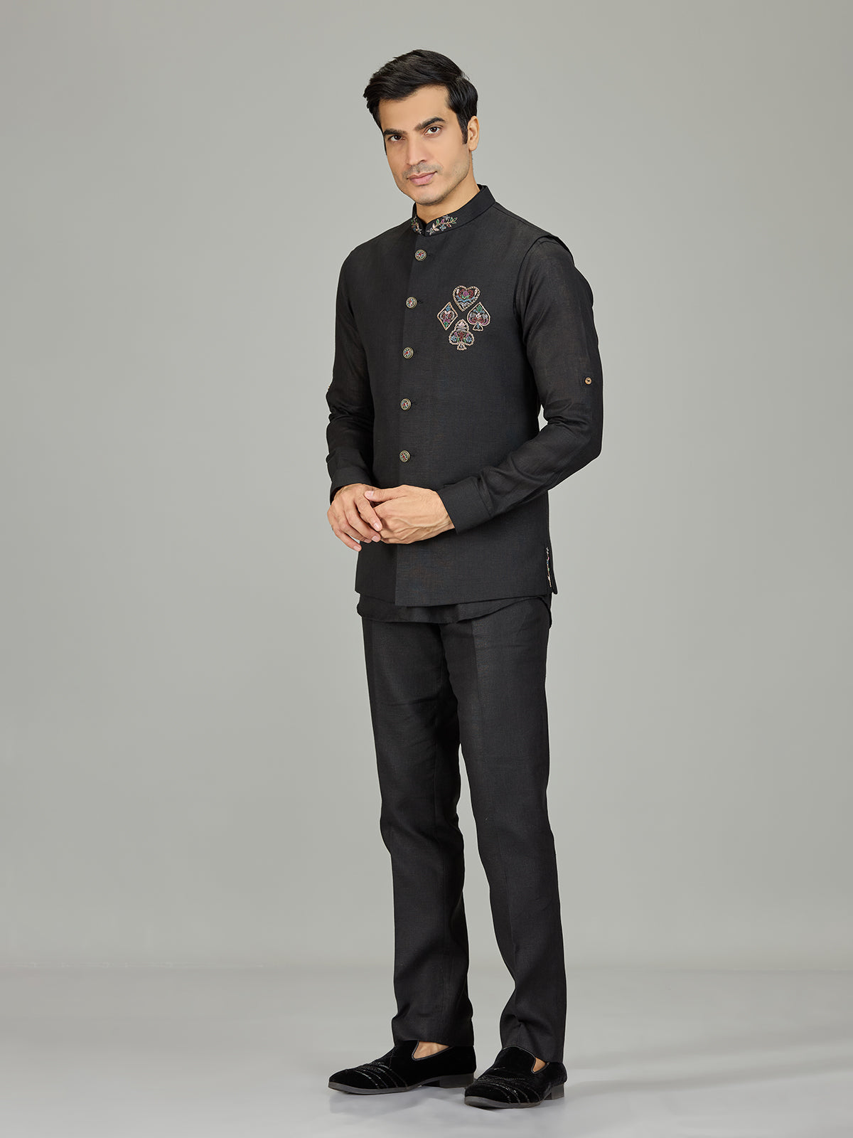 Black antique medallion linen nehru jacket set