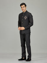 Black antique medallion linen nehru jacket set