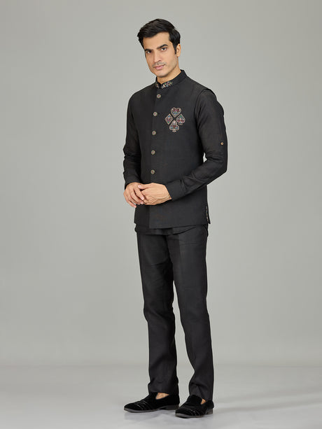 Black antique medallion linen nehru jacket set