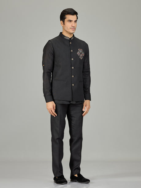 Black antique medallion linen nehru jacket set