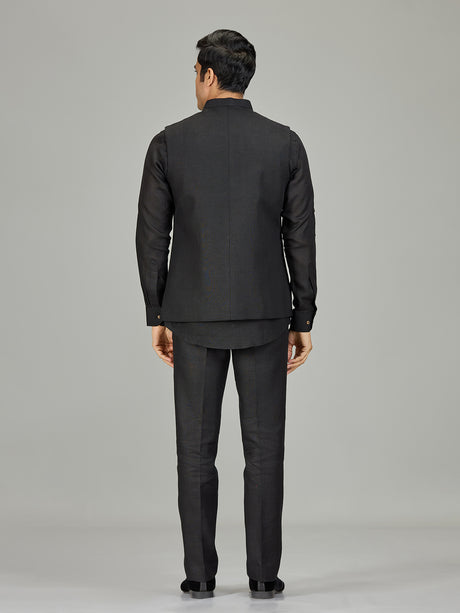 Black antique medallion linen nehru jacket set