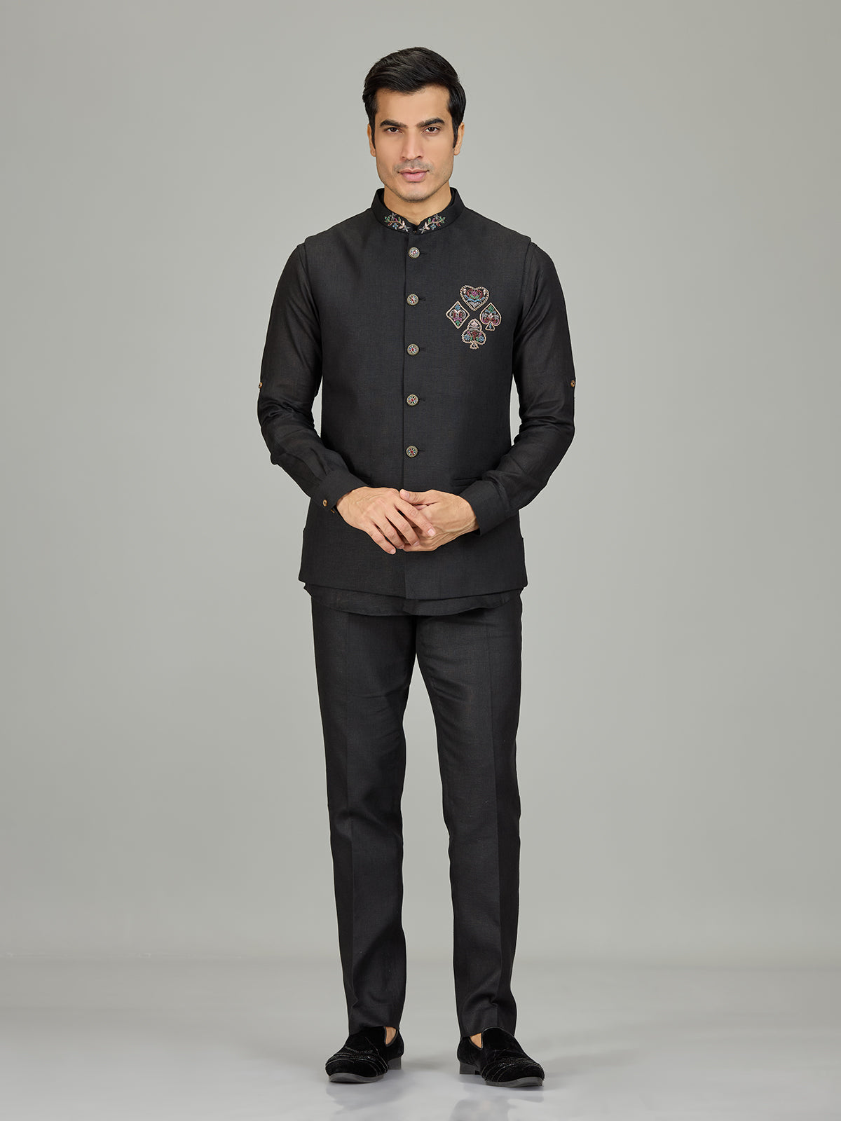 Black antique medallion linen nehru jacket set