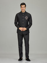 Black antique medallion linen nehru jacket set