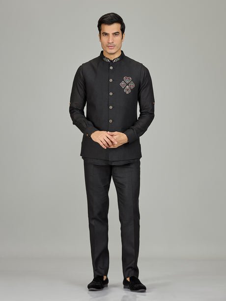 Black antique medallion linen nehru jacket set