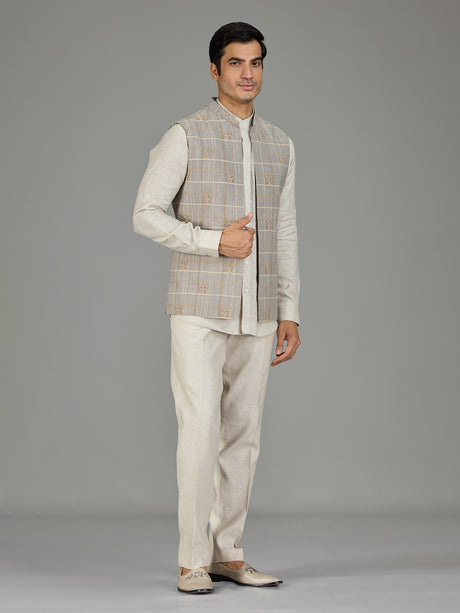 Grey textured grid linen waistcoat set