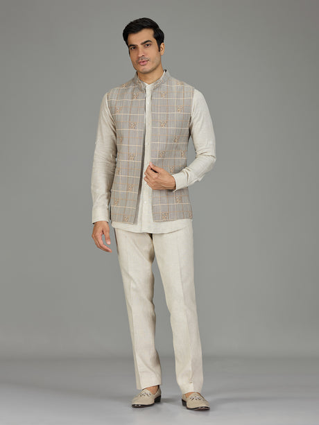 Grey textured grid linen waistcoat set