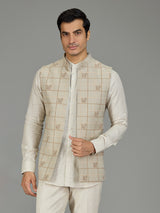 Light pista checked linen nehru jacket set