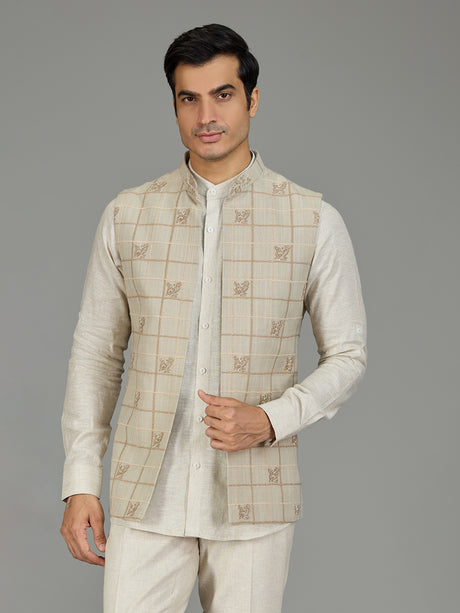 Light pista checked linen nehru jacket set
