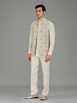 Light pista checked linen nehru jacket set