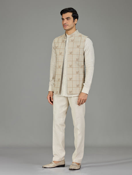 Light pista checked linen nehru jacket set