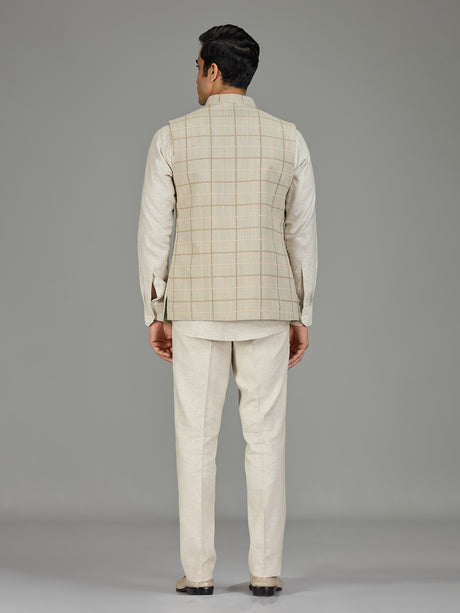Light pista checked linen nehru jacket set