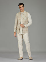 Light pista checked linen nehru jacket set