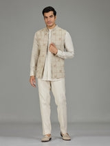 Light pista checked linen nehru jacket set